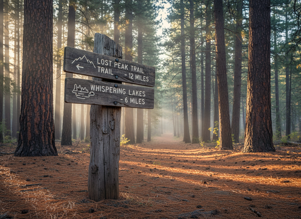 A weathered wooden trail sign at a forest crossroads, its engraved arrows pointing toward distant peaks and hidden lakes, stands at the edge of a well-trodden pine-needle path. Tall, straight pines frame the scene on both sides, their dark trunks and deep green needles creating a natural corridor that recedes into soft focus. Early morning light filters through the canopy, casting narrow golden beams and long, delicate shadows across the ground. In the background, a hint of mist clings low between trees, suggesting a vast wilderness beyond. Photographic realism, shot at eye level with a moderate depth of field, the sign in crisp focus while the forest softly blurs, evoking calm anticipation and thoughtful outdoor exploration for a sophisticated news and adventure feature.