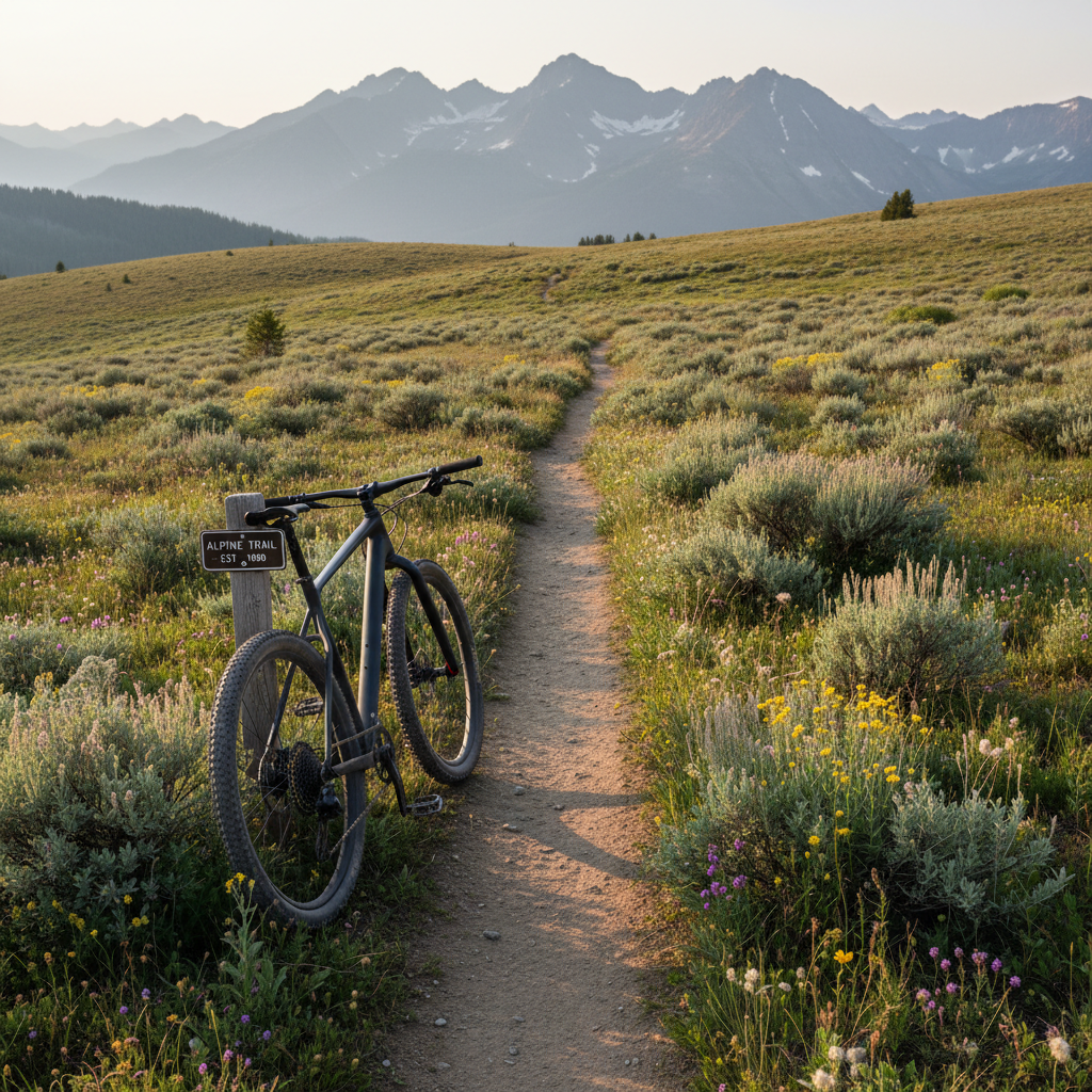 A narrow dirt singletrack winds through an expansive high-country meadow, flanked by low sagebrush and clusters of wildflowers in soft yellows and purples, leading the eye toward a distant, jagged mountain ridge dusted with late-season snow. A streamlined, matte-finish hardtail mountain bike rests gently against a weathered wooden post trail marker, its tires dusted with fine trail grit. The scene is bathed in warm golden-hour sunlight, casting long, elegant shadows and lending depth to the rolling contours of the land. High, crisp photographic realism from a slightly elevated angle, with the bike and marker in sharp foreground focus and the mountains receding into a gentle haze. The mood is adventurous yet contemplative, ideal for a feature on backcountry trail reports or responsible riding in fragile alpine environments.
