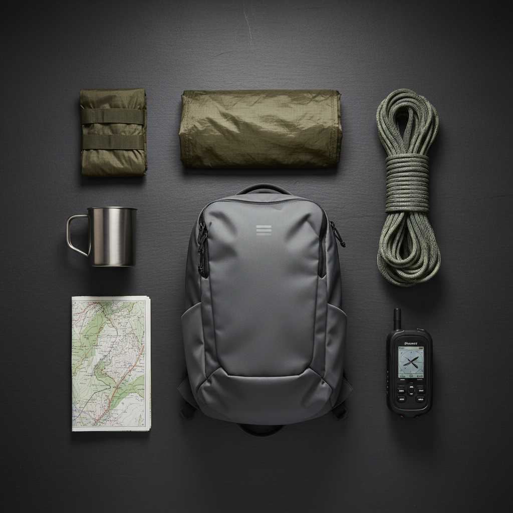 A compact, meticulously arranged flat lay of modern backcountry gear laid out on a dark slate tabletop, each item carefully spaced to feel editorial yet practical. A sleek graphite-gray backpack with clean lines anchors the composition, surrounded by a stainless-steel camp mug, a folded topographic map, a GPS device, a coiled climbing rope, and a lightweight, weathered tent fly. Soft, diffused studio lighting from above creates gentle reflections on metal surfaces and subtle shadows that reveal texture in the fabrics. The mood is organized, analytical, and sophisticated, suggesting a gear review or buying guide. Shot from a true bird’s-eye view with sharp focus across the entire frame, the photographic realism and restrained color palette of grays, deep greens, and muted earth tones convey trustworthiness and modern outdoor expertise.