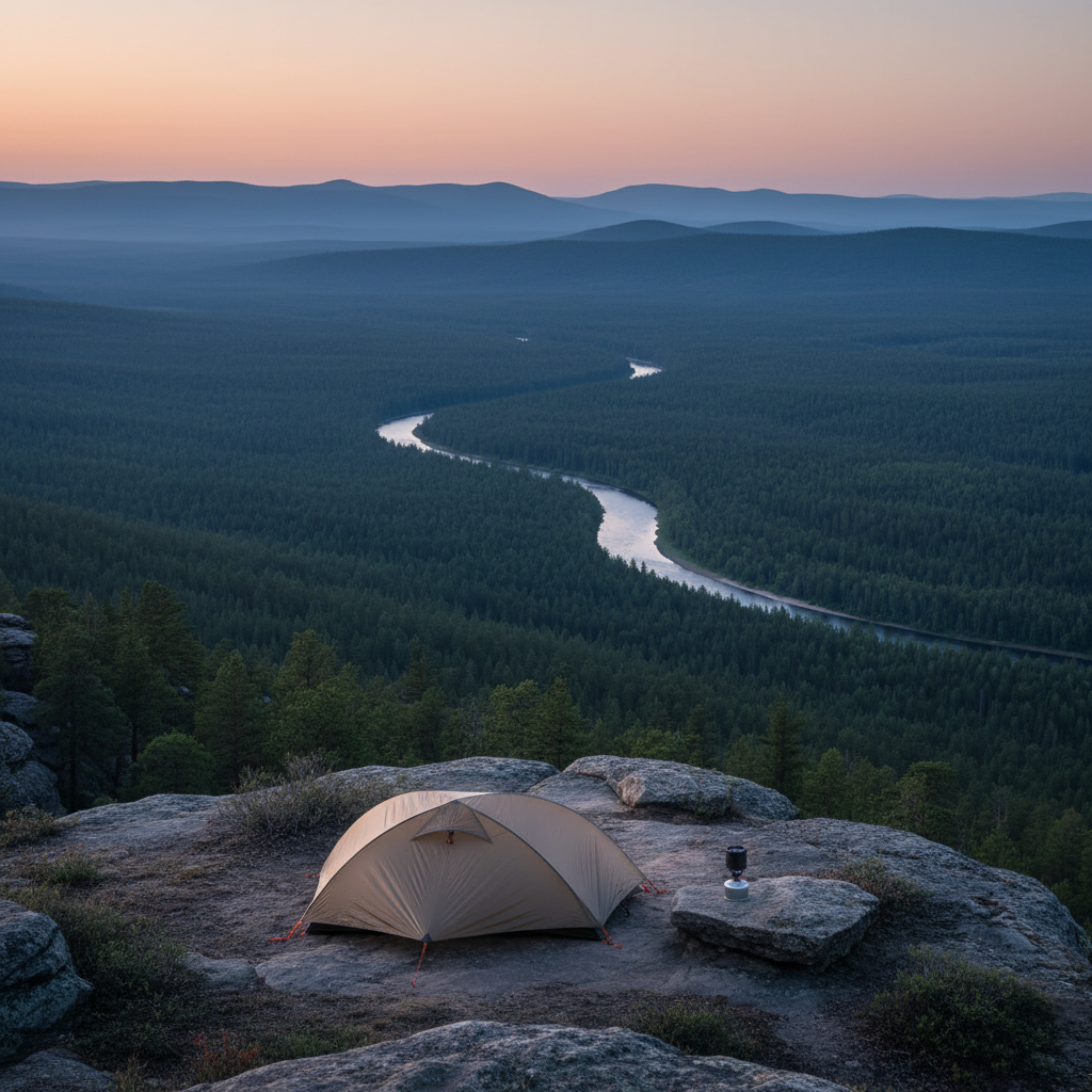 A minimalist campsite perched on a rocky outcrop above a broad valley, featuring a single low-profile, sand-colored tent and a compact, closed camp stove resting on a flat stone. The surrounding landscape is a tapestry of dense pine forest dropping away to a winding river far below, with distant hills layered in soft blue-gray tones. Late evening light paints the sky in understated peach and dusky lavender, while cool shadows settle among the trees. Photographic realism from a wide-angle, slightly elevated perspective, emphasizing vastness and isolation while keeping the tent crisply detailed in the lower third of the frame. The mood is serene, self-reliant, and thoughtful, supporting travel guides or safety-focused adventure reporting without any human presence or overt commercial elements.